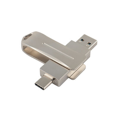 Srebrny metalowy dysk flash USB z portem typu C do użytku przez telefon i komputer